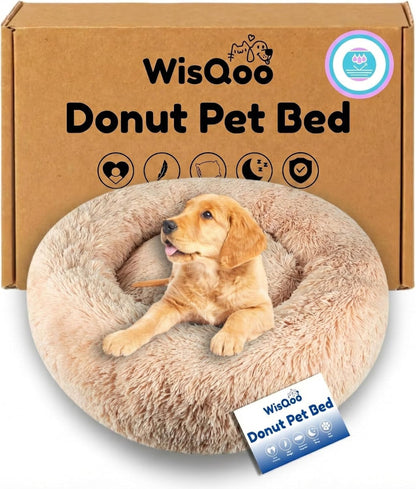 Calming Donut Pet Bed – Plush & Supportive Round Bed with Extra Filling for Comfort – Removable Cover & Water-Resistant Liner – Cozy, Fluffy Nest for Dogs & Cats (Beige, 23" L x 23" W x 8”Th)