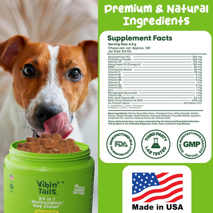 Vibin’ Tails Dog Multivitamin, Chewable Dog Vitamins and Supplements with Glucosamine, Chondroitin, Probiotics & Omega-3 for Hip & Joint, Skin & Coat – Puppy & Senior Multivitamin – 120ct