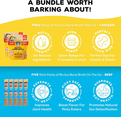 Brutus Bone Broth Bundle Pack - Chicken Biscuits Dog Treats, Pack of 2 (8oz) and Bone Broth Powder, Pack of 5 (6g) - All Natural with Glucosamine, Chondroitin & Turmeric