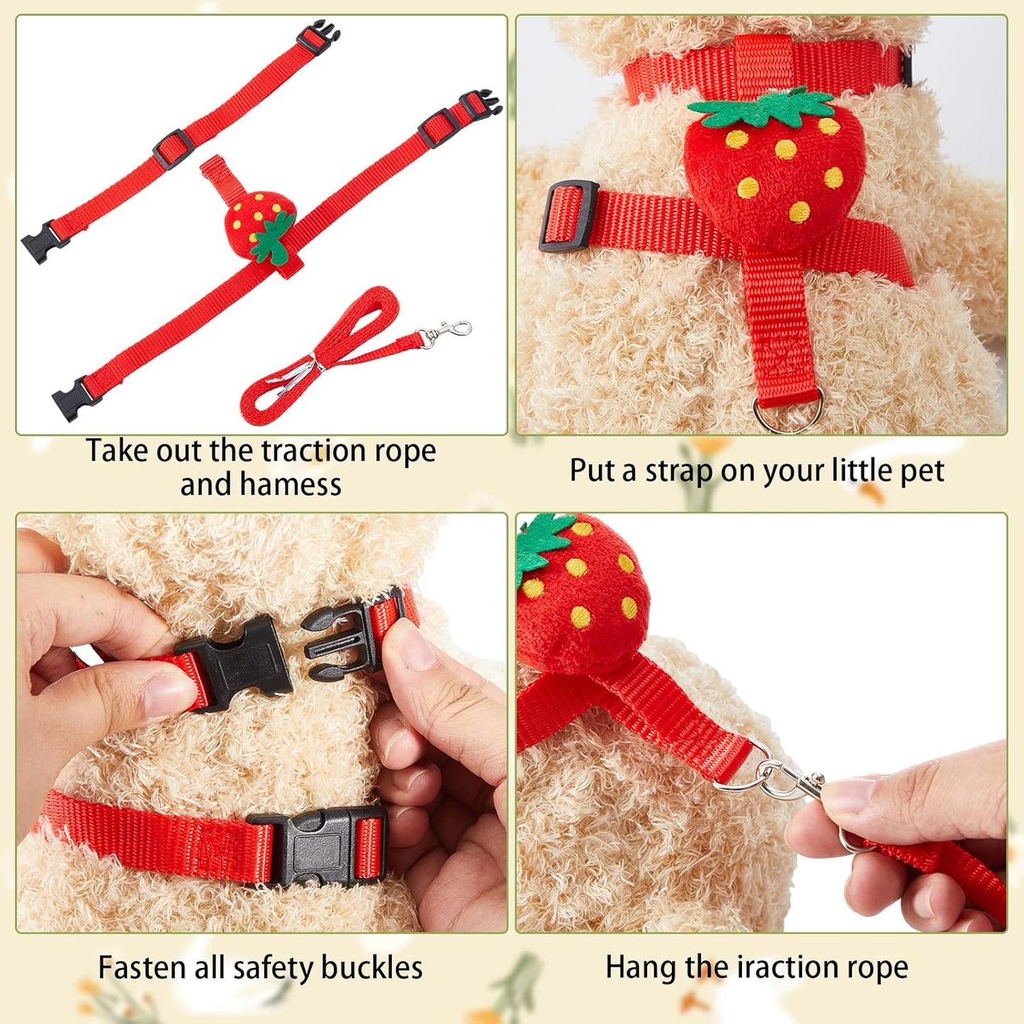 Duck Harness Leash Set Duck Harness and Leash for Real Ducks Adjustable Walking Rope Pet Cute Pattern Outdoor Traction Rope for Chicken Rabbit Small Animals(M,Strawberry)