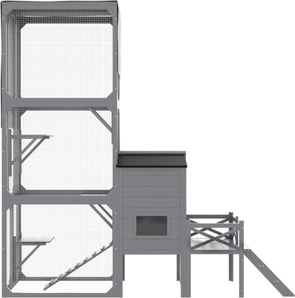 77.25" Large Cat Catio 4 Tiers Cat Enclosure for Outdoor, Cat House with Weatherproof Roof, Platforms,Resting Rooms and Doors for Multiple Cats, Gray