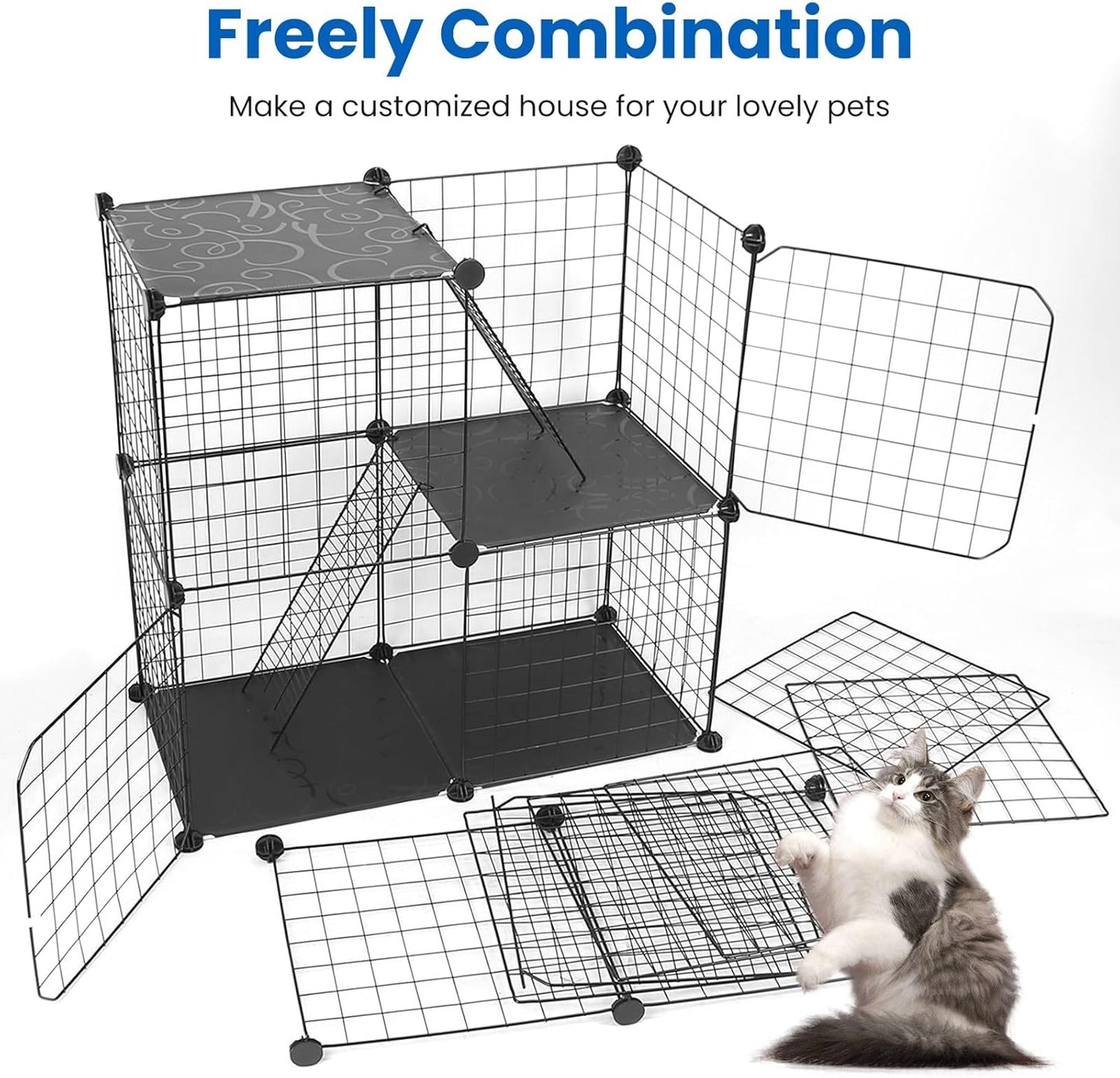 3 Tier Cat Playpen Cage, Metal Detachable DIY Indoor Cat Enclosures Kitten House Large Exercise Place Kitten Crate with 3 Doors 2 Ladders for 1-2 Cats