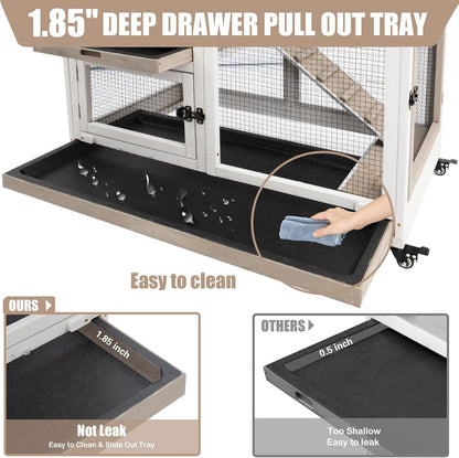 PetsCosset Rabbit Hutch Indoor 40" L Large 2 Story Outdoor Wooden Bunny Hutch with Run, 4 Metal Wheels & 2 Deeper Trays, UV-Proof Panel Rabbit Cage Guinea Pig Pet House for Small-Medium Animals