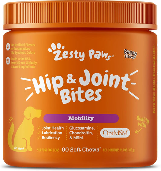 Zesty Paws Hip and Joint for Dogs, Glucosamine for Dogs Hip and Joint Supplement with Chondroitin, MSM, Vitamins C & E - Bacon, 90 Count