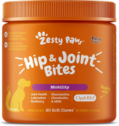 Zesty Paws Hip and Joint for Dogs, Glucosamine for Dogs Hip and Joint Supplement with Chondroitin, MSM, Vitamins C & E - Bacon, 90 Count