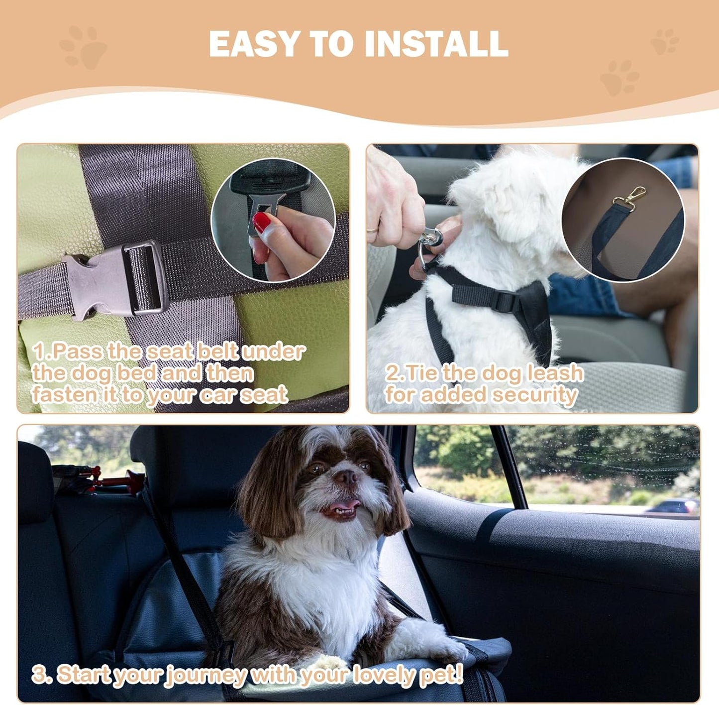 Dog Car Seat for Large Dogs, Large Leather Dog Car Bed with Storage Pocket, Waterproof PVC Leather Booster Seat Travel Bed for Front & Back Seat, Clip-On Safety Leash (Blue/Brown)