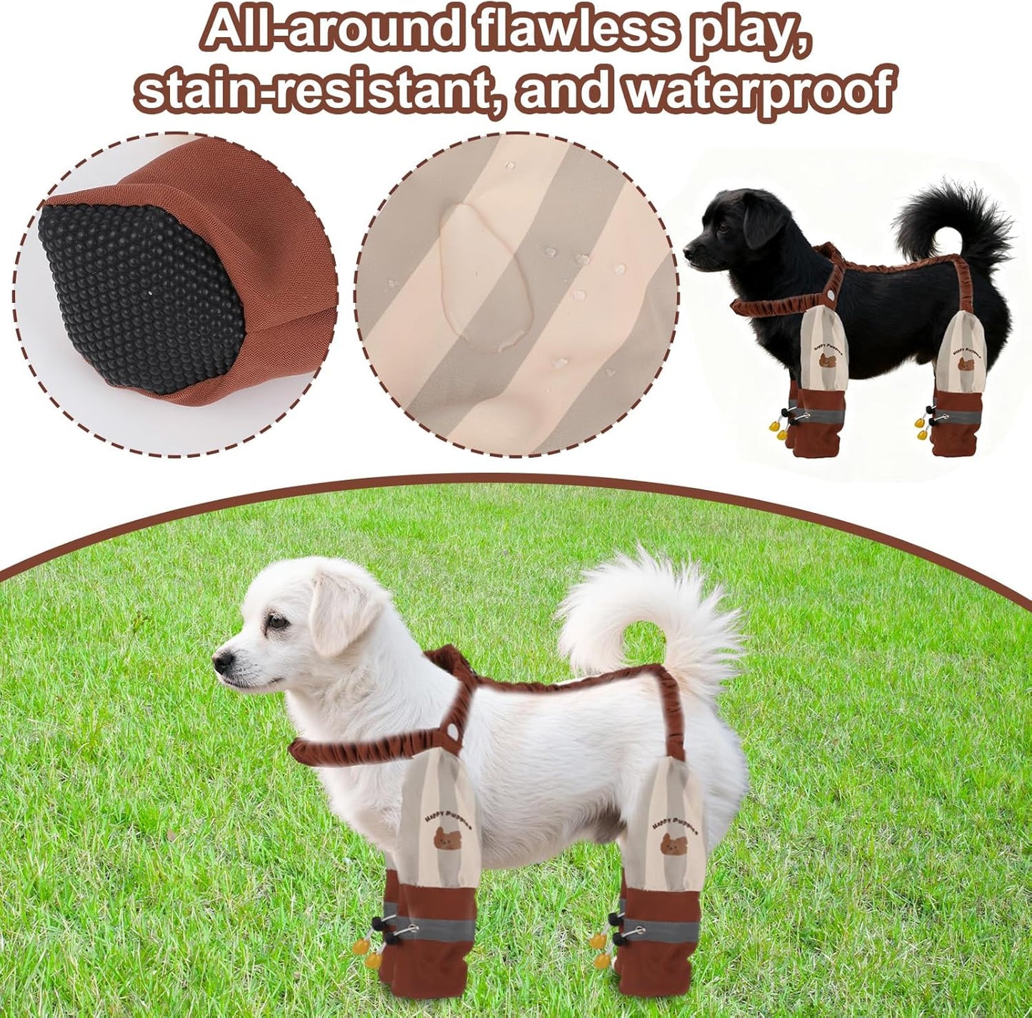 Anti-Dirt Pants for Small Dogs, Waterproof Dog Pants Dust Free Full-Leg Protective Dog Suspender Rain Boots Anti-Slip Paw Protector Shoes for 6-11lbs Pets Outdoor Play Hiking Walking (Striped)