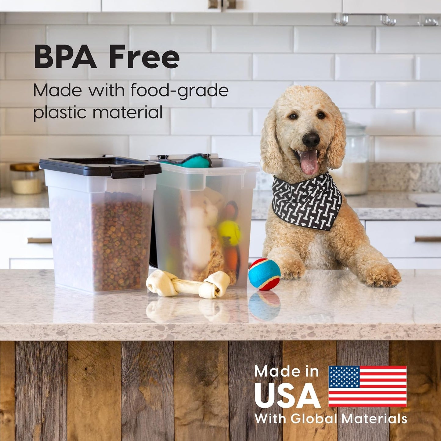 IRIS USA Dog Food Storage Container, 10 Pound, Airtight Seal and Buckle, Easy 1 Hand Opening Hinged Lid, Versatile, Space Saving Compact Size, Pearl/Black