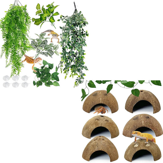 Hamiledyi 5 Pcs Reptile Plants Terrarium Hanging Fake Plant Leaves and 7 Pcs Reptile Hideouts Natural Coconut Shells Hut Leopard Gecko for Hermit Crab Hide Cave Small Snake Tarantulas Lizard Chameleon