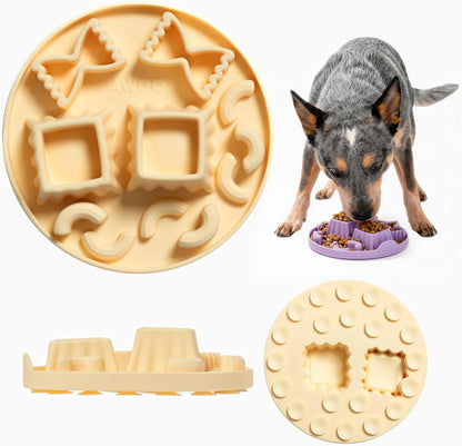 Awoo Snackaroni - Silicone Slow Feeder for Dog Bowls Over 5.5-Inches - Non-Slip, Wet and Dry Food-Compatible Pet Dish with Suction Cups - Extends Mealtime for Fast Eaters - Dishwasher Safe (Yellow)