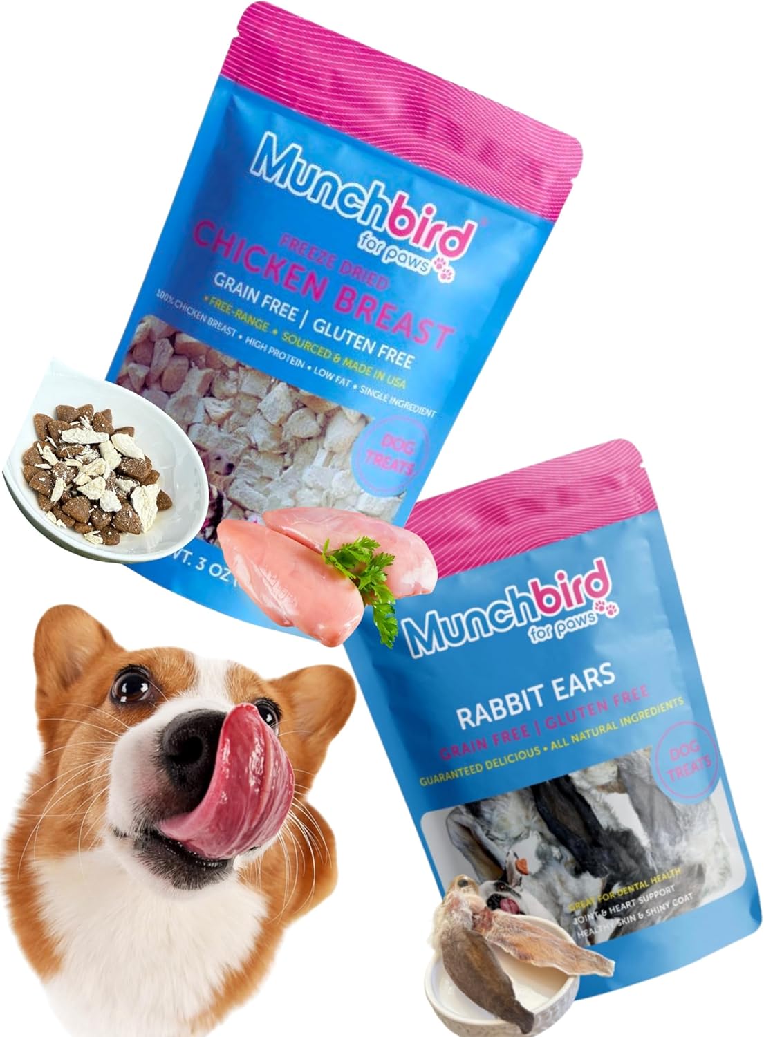 Munchbird Rabbit Ears Freeze Dried Chicken Food Topper for Dogs Bundle