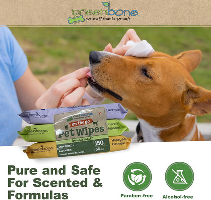 Greenbone On-The-Go Pet Wipes Bundle Pack - 150 Total Wipes (50 Each of Unscented, Lavender, Honey Milk Oatmeal) - Gentle Cleaning for Dogs and Cats
