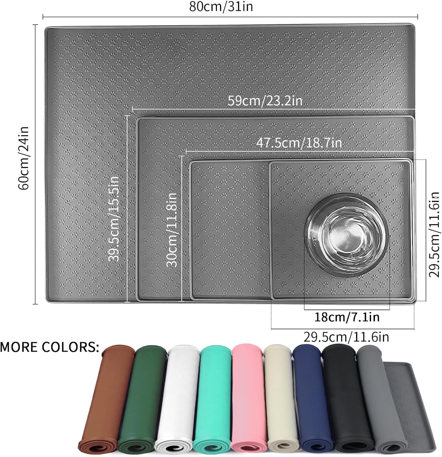 Ptlom Pet Placemat for Dog and Cat, Mat for Prevent Food and Water Overflow, Suitable for Small, Medium and Big Pet, 18" 12", Grey, Silicone