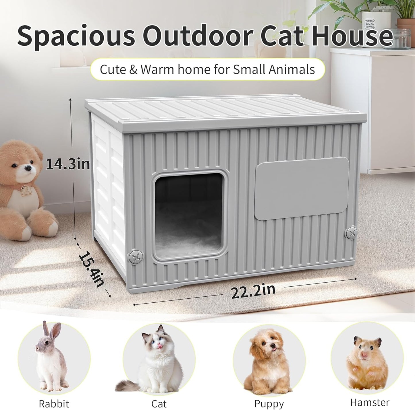 Waterproof Outdoor Cat House with Soft Mat, Plastic Cat Houses for Outdoor Cats Feral Cat House, Sturdy Cat Bed for Small Pet, Spacious, Assemble Easily-Grey