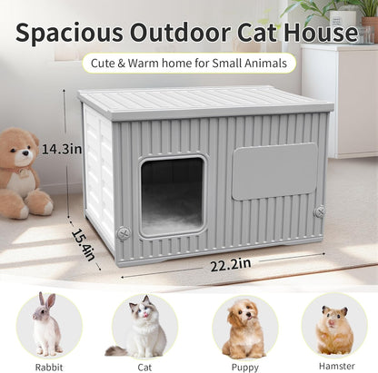 Waterproof Outdoor Cat House with Soft Mat, Plastic Cat Houses for Outdoor Cats Feral Cat House, Sturdy Cat Bed for Small Pet, Spacious, Assemble Easily-Grey