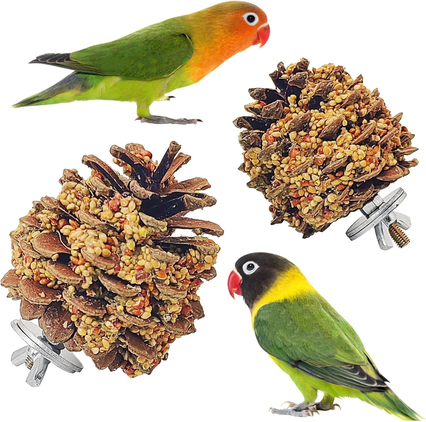 kathson Parakeet Treats, 2 Pcs Pine Cone Bird Chew Toys with Natural Grains, Parrot Snacks Bird Molar Toy Cage Enrichment Foraging Toys for Cockatiels Conures Lovebirds Budgies