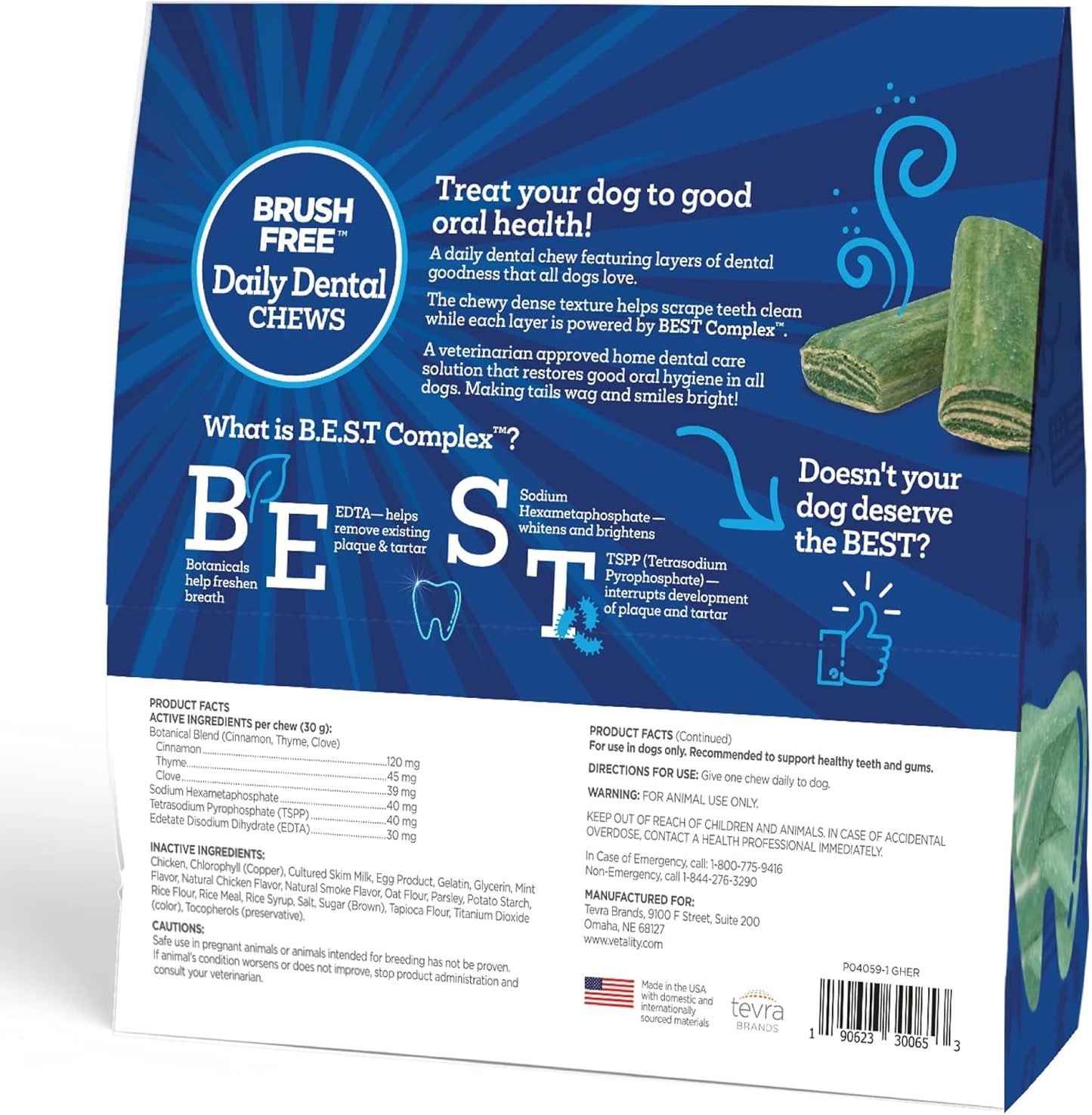 Vetality Brush Free Daily Dental Care Chews for Dogs | Cleans Teeth and Freshens Breath | 30 Count | B.E.S.T. Complex Provides Complete Oral Cleaning and Tartar Control