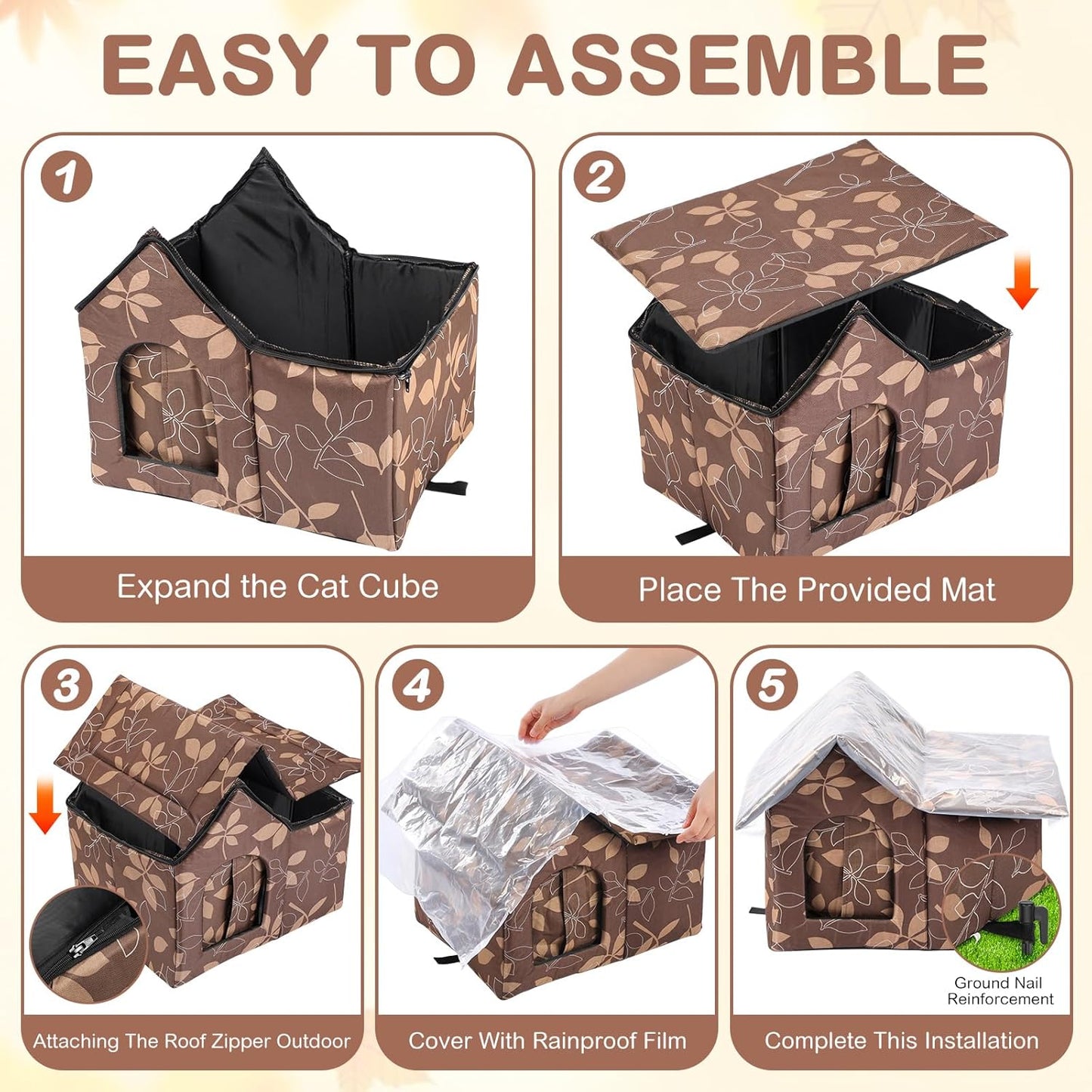 3 Pcs 21"x 18" Outdoor Waterproof Cat House with Curtained Door Self Warming Pad Blanket Large Feral Cat Shelter Winter Leaf Collapsible Kitty Dog Bed Outside, 3 Tent Stakes, Easy Assemble