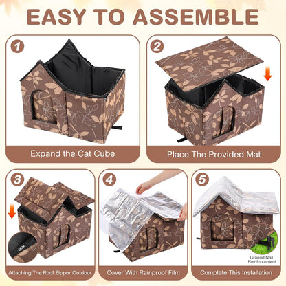 3 Pcs 21"x 18" Outdoor Waterproof Cat House with Curtained Door Self Warming Pad Blanket Large Feral Cat Shelter Winter Leaf Collapsible Kitty Dog Bed Outside, 3 Tent Stakes, Easy Assemble