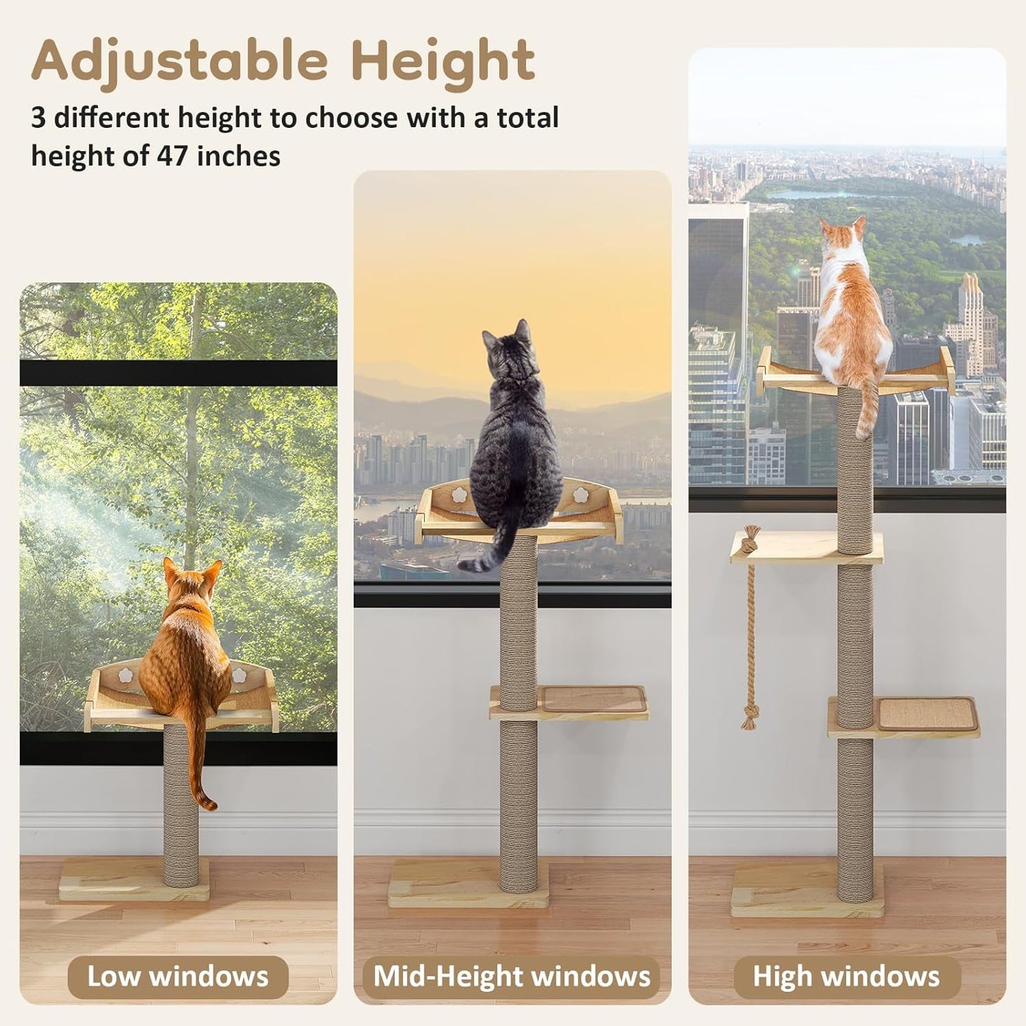 Cat Window Perch with Scratching Post & Step, 47" Adjustable Window Perch for Large Cats, Cat Hammock for Window with Suction Cups, Multi-Level Cat Tree for Climbing, Sunbath, Bird Watching