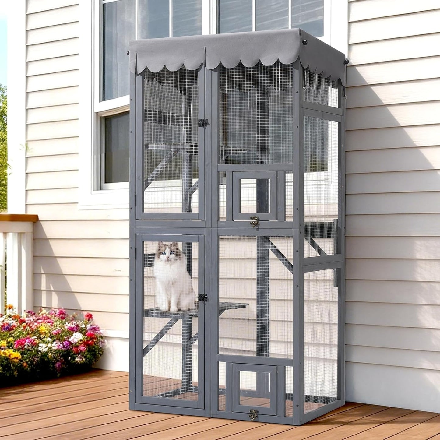 Veehoo Catio Outdoor Cat Enclosure, 63" Cat Outdoor Enclosure Window Access, Large Wooden Indoor Cats Patio Cage with Weatherproof Tarp Roof