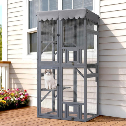 Veehoo Catio Outdoor Cat Enclosure, 63" Cat Outdoor Enclosure Window Access, Large Wooden Indoor Cats Patio Cage with Weatherproof Tarp Roof