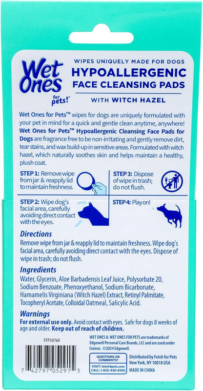 Wet Ones for Pets Hypoallergenic Face Cleansing Pads for Dogs, Fragrance Free - Small, Disposable Round Dog Face Cleaning Wipes, Extra Gentle, 50 Count (Pack of 2)
