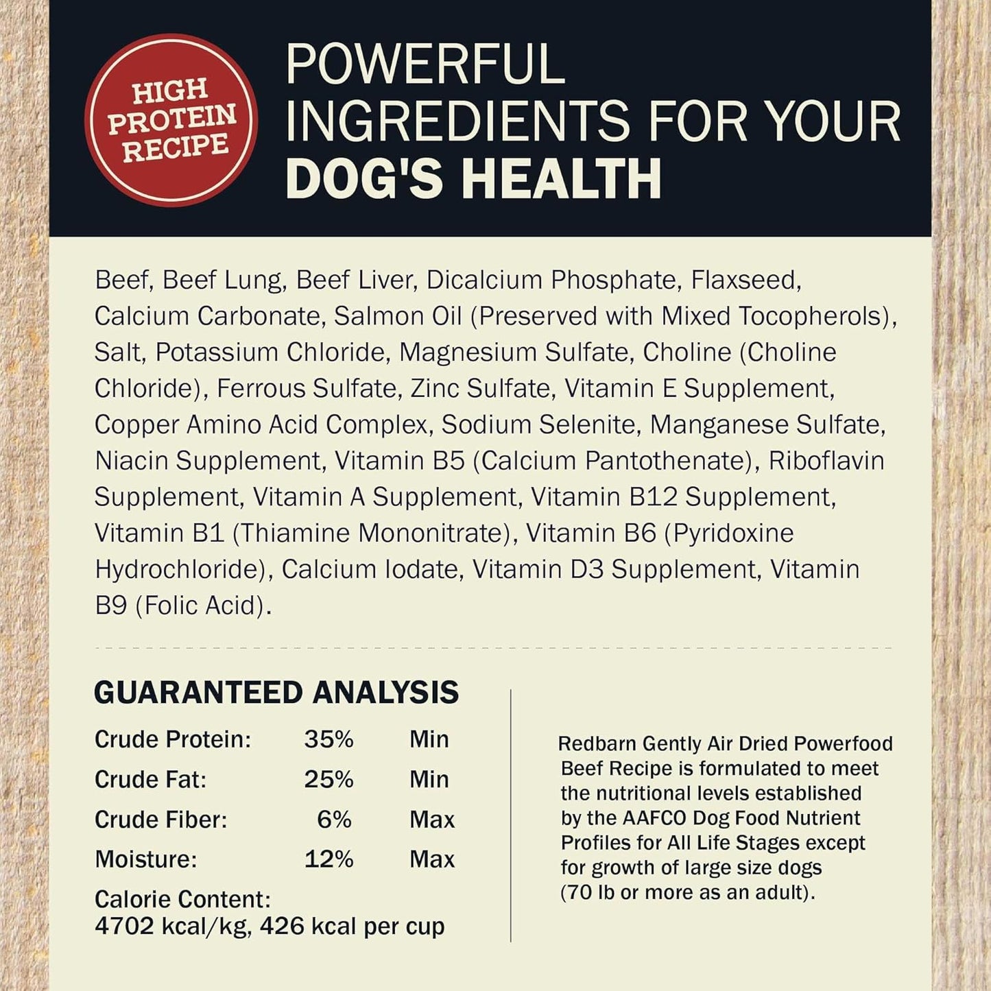Redbarn Powerfood Air Dried Dog Food - 95% Beef & Beef Organs - High Protein Grain-Free Non-GMO Premium Dry Full Feed or Topper Made in USA with Omega 3 Salmon Oil Flaxseed - 2lb