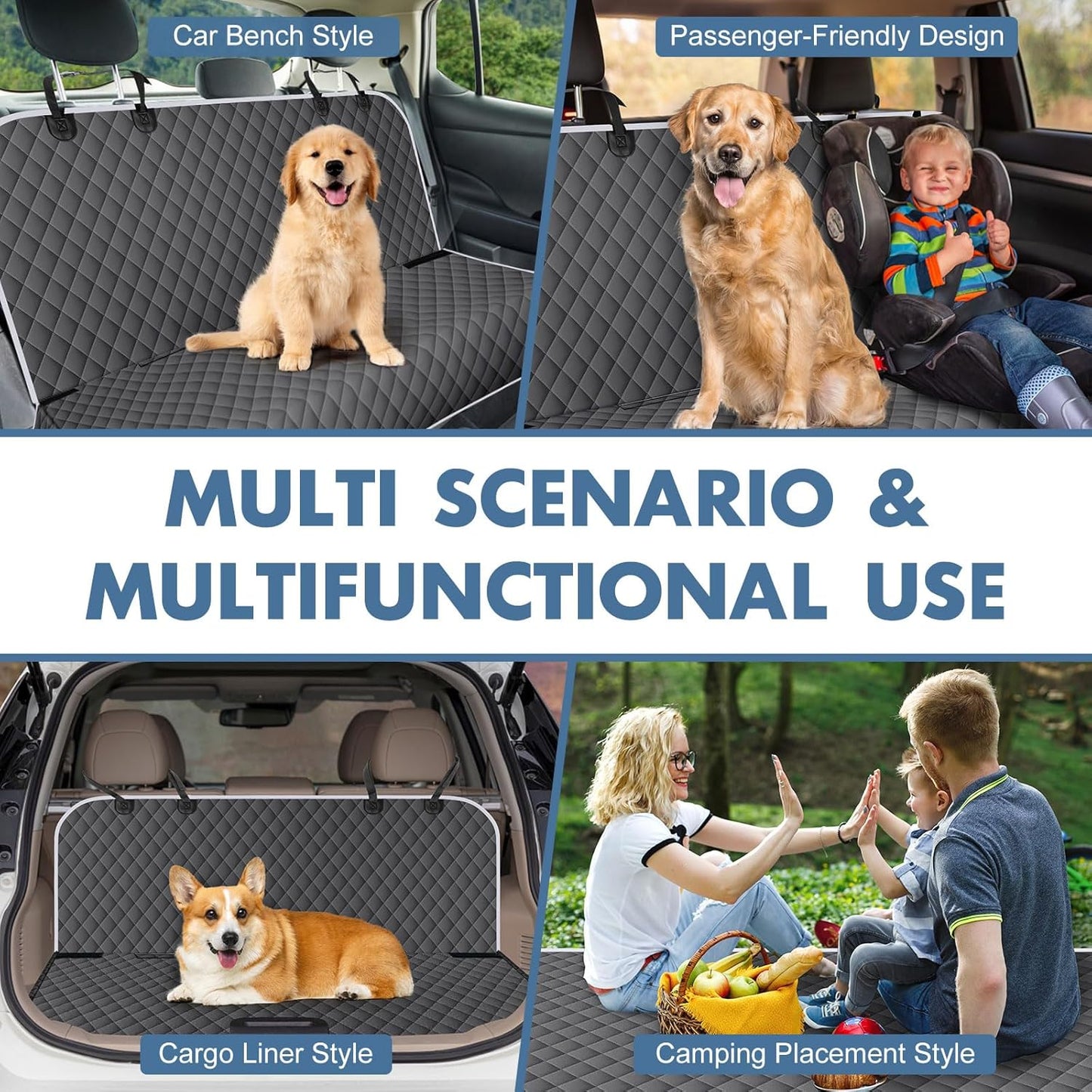 Backseat Cover for Dogs, Waterproof and Non-Slip Pet Bench Seat Covers, Car Seat Protector for Back Seat, Universal Size Rear Car Seat Cover Fits Cars, Trucks and SUVs, M-Charcoal Grey&Grey