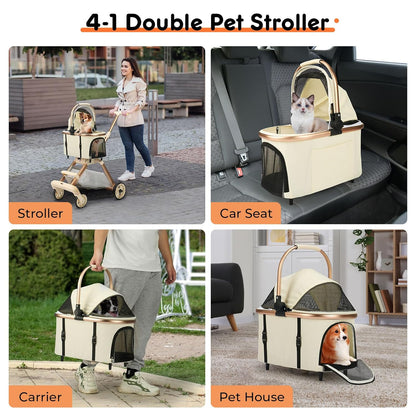 3-in-1 Foldable Pet Stroller for Medium Dogs Cats up to 50lbs, Adjustable Handle Detachable Carrier Car Seat, 5" Lockable All-Terrain Wheels, Large Storage Basket