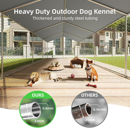 20x10 FT Outdoor Dog Kennel Outside with Metal Large Dog Gate, Outdoor Dog Pens with Roof, Heavy Duty Dog Enclosures for Backyard Farm Use (240x120x84)