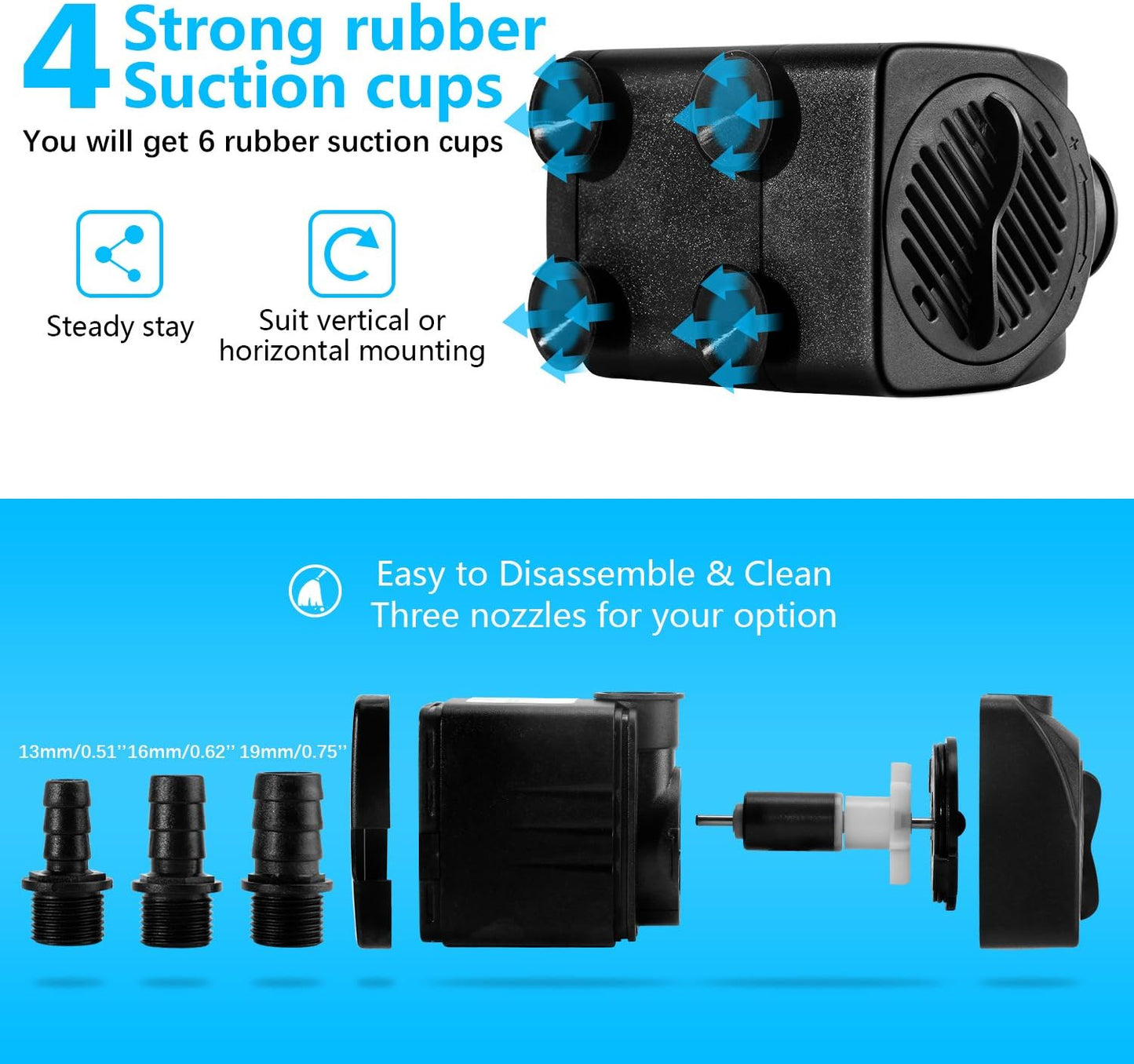 Fountain Pump, 400GPH Submersible , Durable 25W Outdoor Water Pump with 6.5ft Power Cord, 3 Nozzles for Aquarium, Pond, Fish Tank, Water Pump Hydroponics, Backyard Fountain