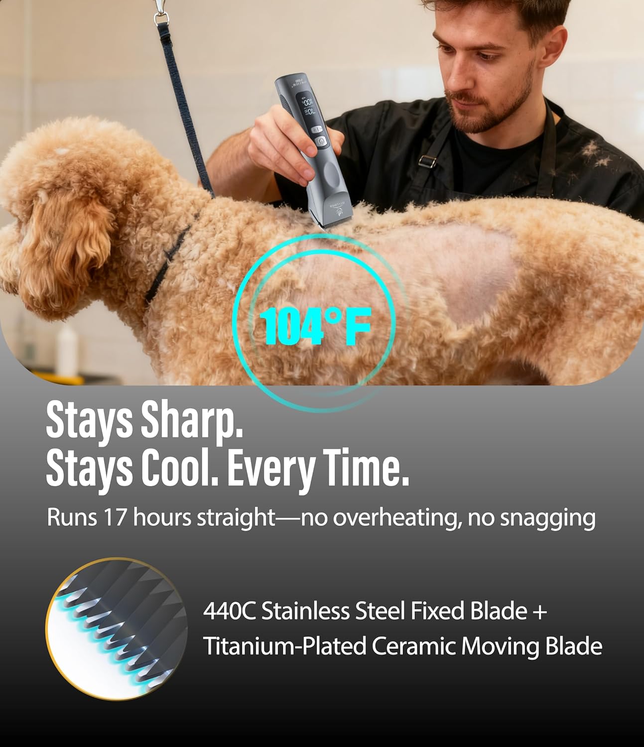 Professional Dog Grooming Clippers with 17H Runtime & Replaceable 440C Blade, 5-Speed Low Noise Electric Dog Shaver for Thick, Matted, Curly Hair, Cordless Clipper for Groomer & Home Use, Grey