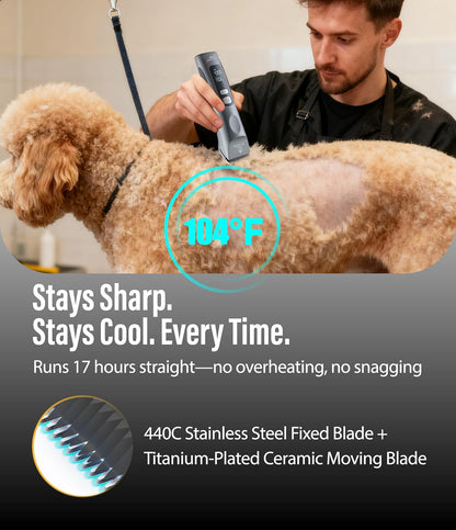 Professional Dog Grooming Clippers with 17H Runtime & Replaceable 440C Blade, 5-Speed Low Noise Electric Dog Shaver for Thick, Matted, Curly Hair, Cordless Clipper for Groomer & Home Use, Grey