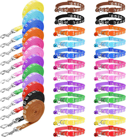 48 Pcs Dog Collar and Leash Set, Polypropylene Adjustable Puppy Collars for Small Pet Puppy Walking Training with Hook and Buckle, Litter Size(Multicolor,Paws Pattern)