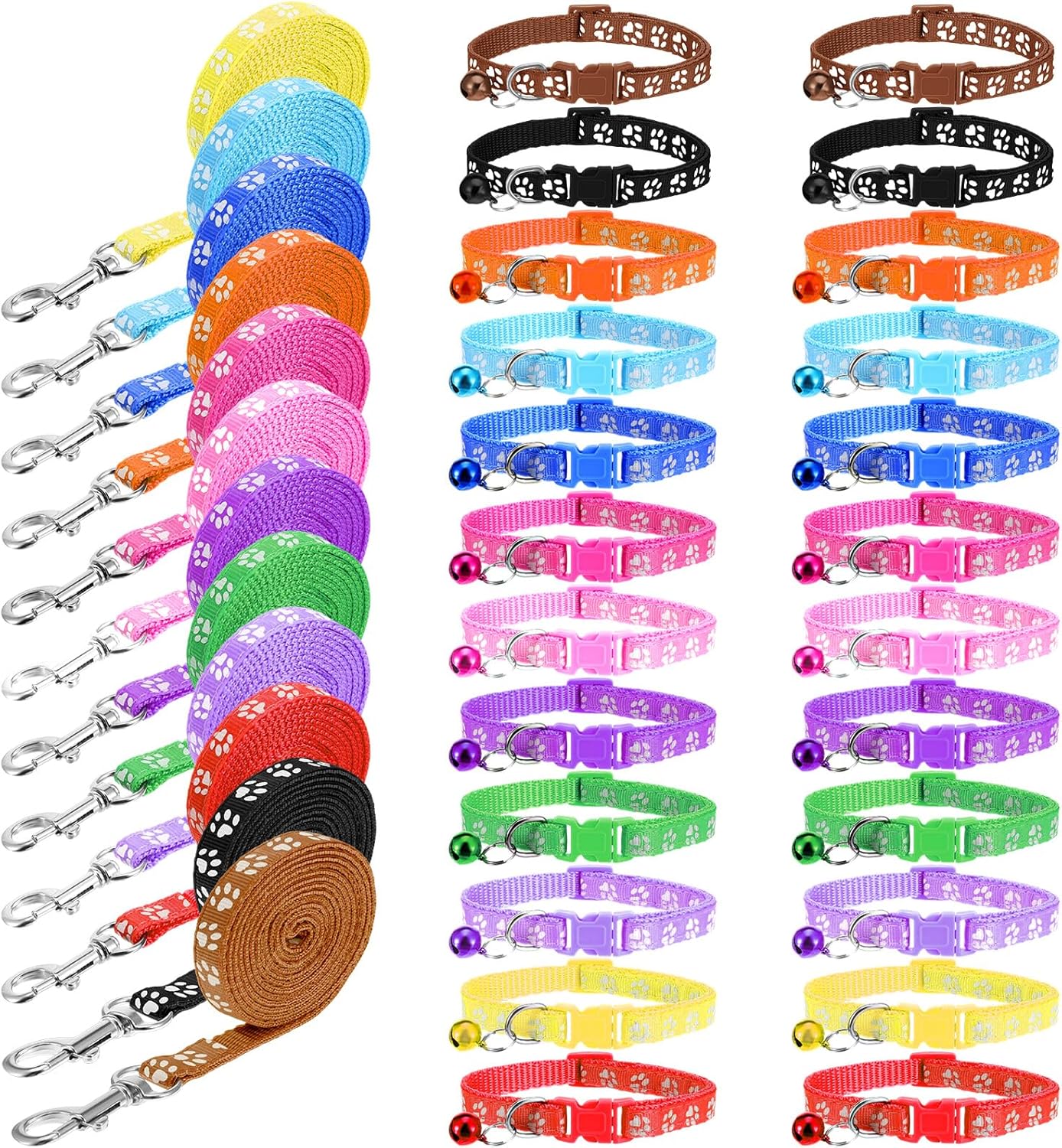48 Pcs Dog Collar and Leash Set, Polypropylene Adjustable Puppy Collars for Small Pet Puppy Walking Training with Hook and Buckle, Litter Size(Multicolor,Paws Pattern)
