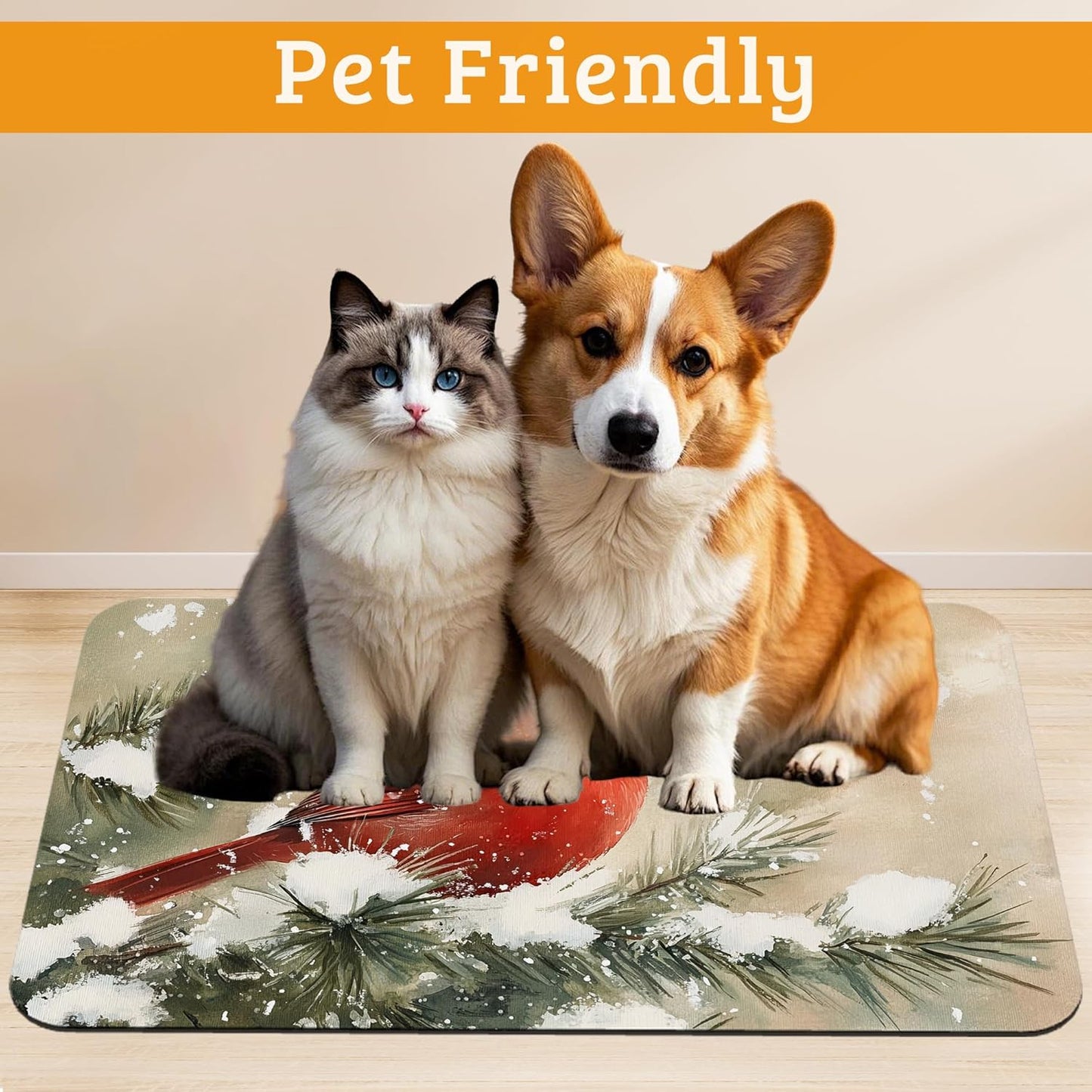Pet Feeding Mat,Cardinal Bird Absorbent Dog Cat Food Mat Christmas Dog Mat with Rubber Backing,Non-Slip Water Bowl Placemat,Pet Supplies 16" x 24"