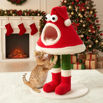 Christmas Cat Tree Tower –Santa Hat Design with Scratching Posts & Cozy Bed, Suitable for Small to Large Cats, Red