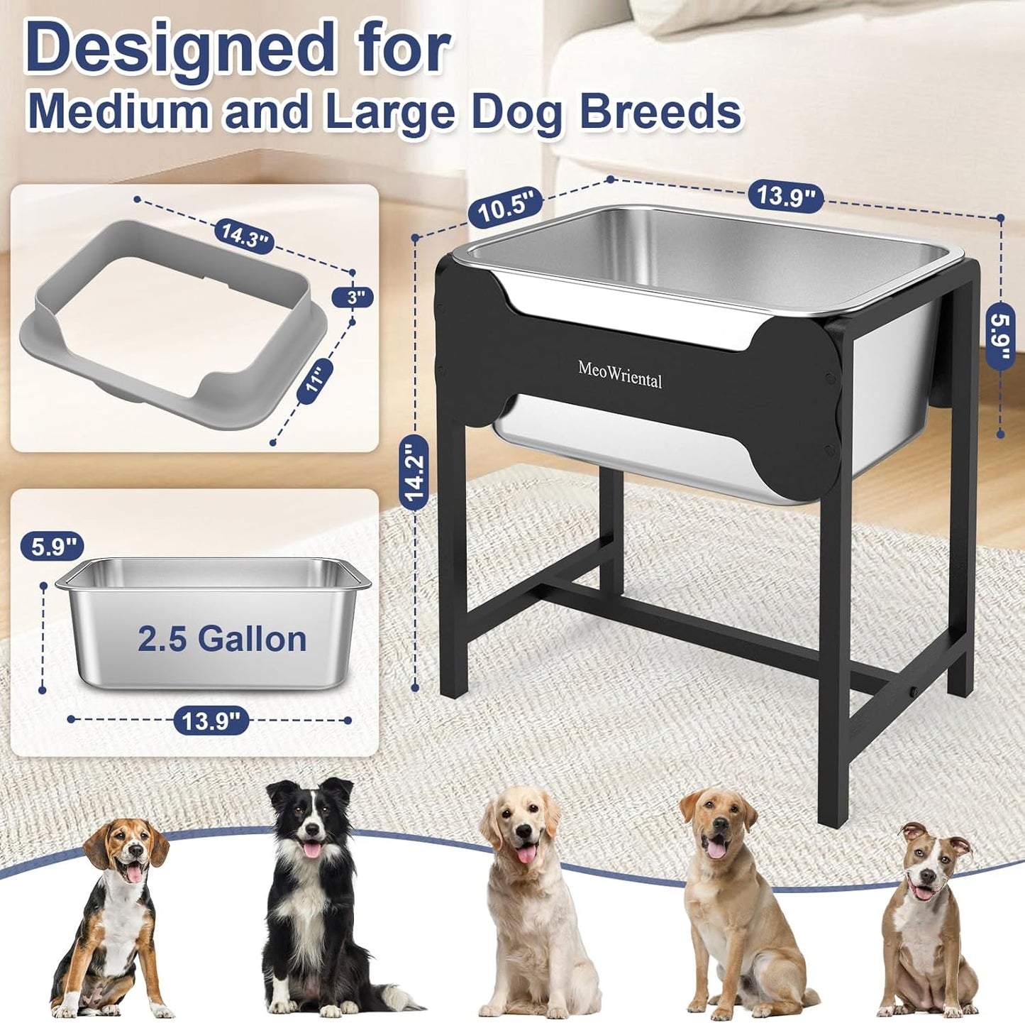 2.5 Gallon No Spill Elevated Dog Water Bowl for Large Breed, 14.2" Tall Stainless Steel Large Raised Dog Food Bowls with Metal Stand for Relief Joint Pressure, Tip- Proof, Easy Clean, Indoor & Outdoor