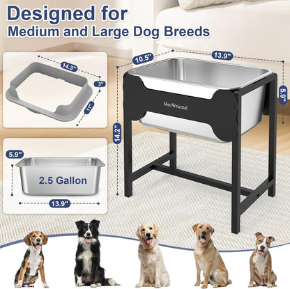 2.5 Gallon No Spill Elevated Dog Water Bowl for Large Breed, 14.2" Tall Stainless Steel Large Raised Dog Food Bowls with Metal Stand for Relief Joint Pressure, Tip- Proof, Easy Clean, Indoor & Outdoor