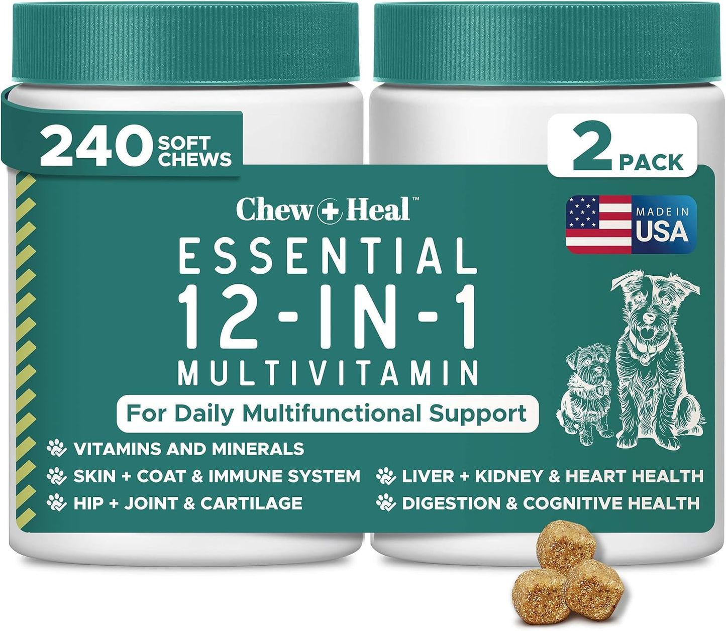 12-in-1 Multivitamin for Dogs - 240 Puppy and Senior Dog Vitamin and Supplement Soft Chews for Hip and Joint - Advanced Formula with Glucosamine, Omega 3,6,9, Vitamins, Probiotics, and More