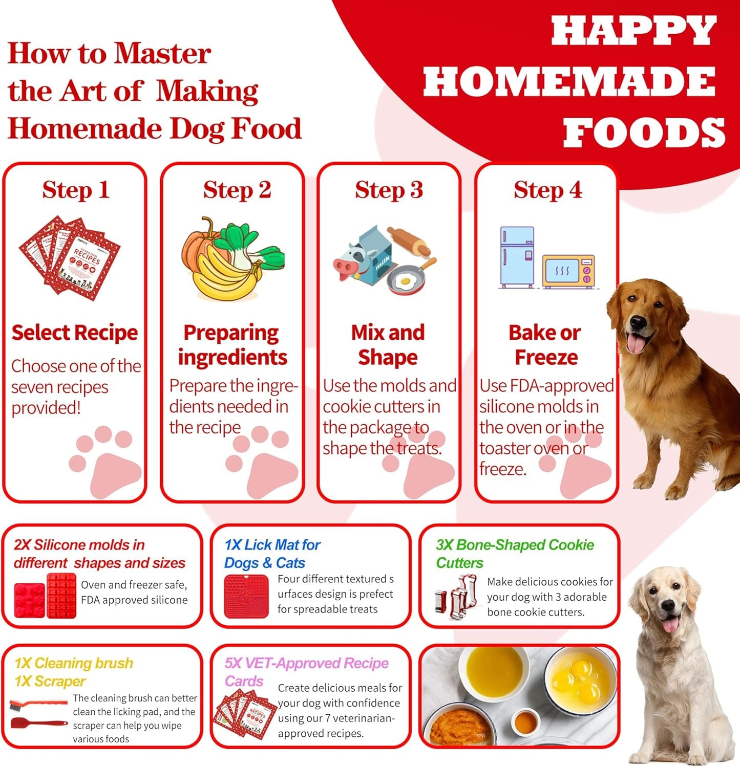 Homemade Dog Treat Molds Silicone,Lick Mat for Dogs & Cats with Suction Cups,Cookie Cutters for Homemade Dog Treats,Includes Vet-Approved Recipe Cards