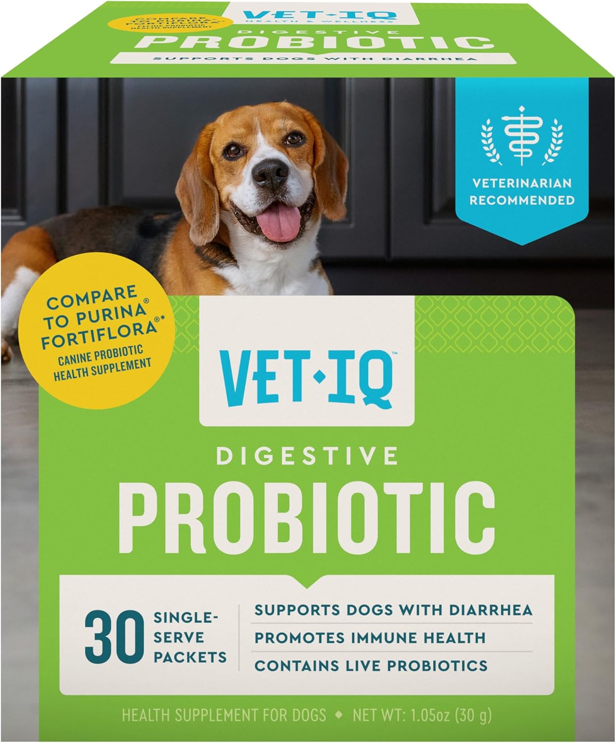 VetIQ Probiotic Powder for Dogs, Treats Diarrhea, Digestive Issues, Food Sensitivity, Chicken Flavored, Single-Serve Packets, 30 Count
