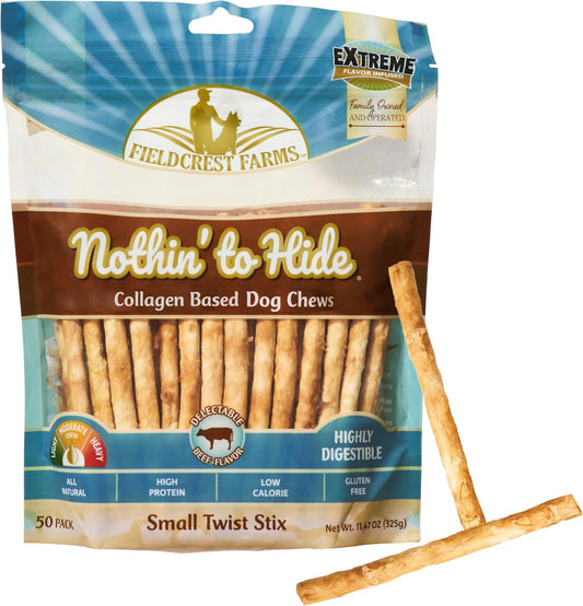 Fieldcrest Farms Nothin' to Hide Twist Stix, Beef Flavor, Easily Digestible, Supports Skin, Coat, Joints & Muscles, for Moderate Chewers Under 15lbs, 50 Pieces
