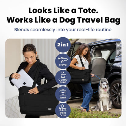 rubyloo Dog Mom Essentials Bundle - Puffer Tote with Storage Containers (Black) and 32 oz Water Bottle with Detachable Bowl (Solid Cream) - Travel Bag and Hydration Set