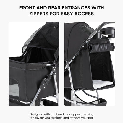 NEWBULIG 3 Wheel Pet Stroller for Dogs and Cats, Foldable, Lightweight and Durable, Ideal for Small to Medium Pets, Includes Storage Basket and Cup Holders