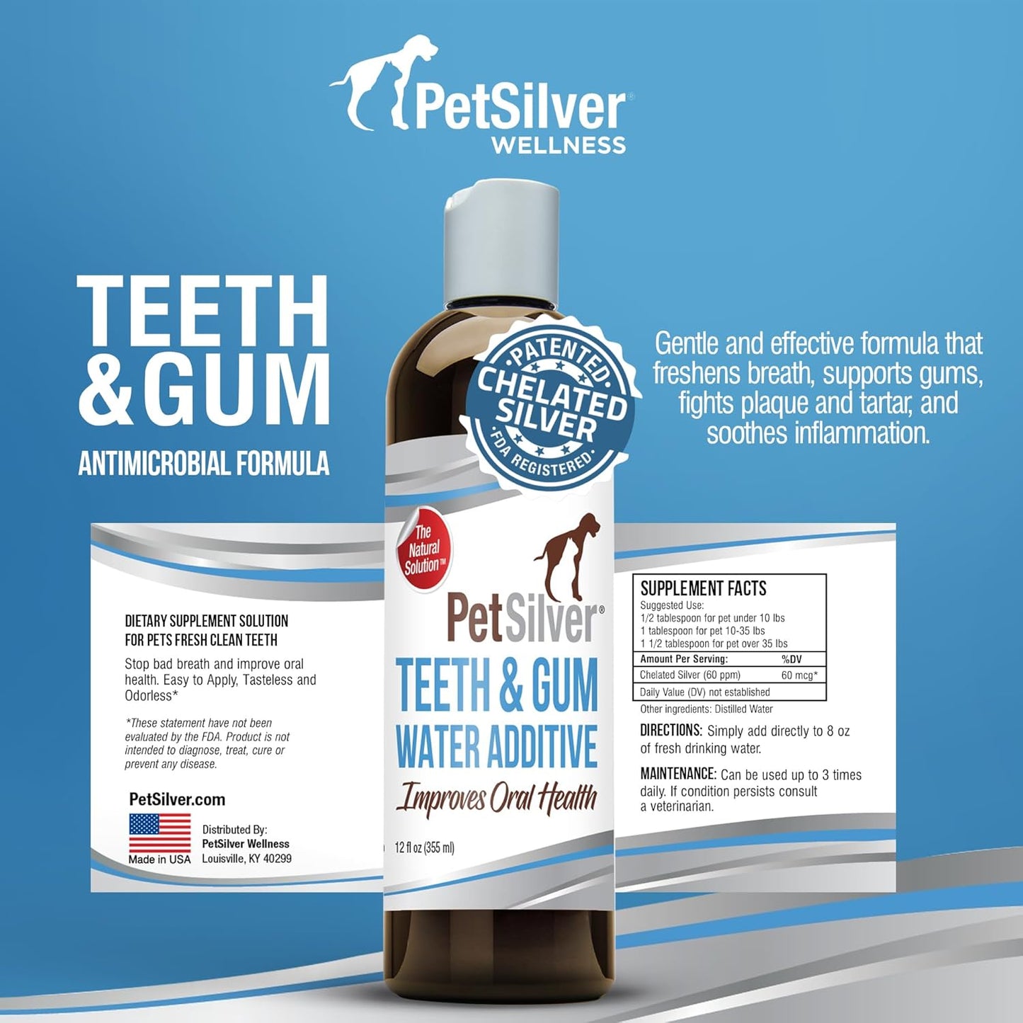 PetSilver Teeth & Gum Water Additive for Dental Care - Pet Breath Freshener - Targets Tartar, Plaque & Eliminates Bad Breath - Dog Oral Care & Cat Teeth Cleaning - No Brushing & Tasteless - 12 fl oz