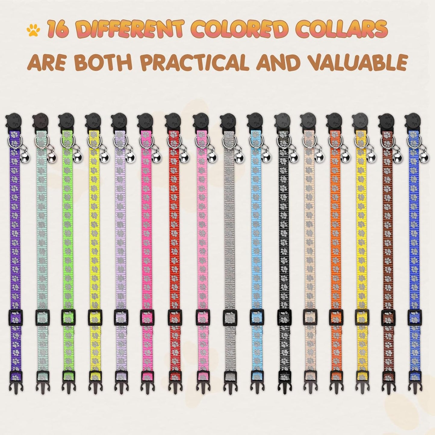 16 PCS Breakaway Cat Collars with Bells Reflective Cat Collar Safety Nylon Kitten Collars Cat Collars for Girl Boy Cats(6"-9")
