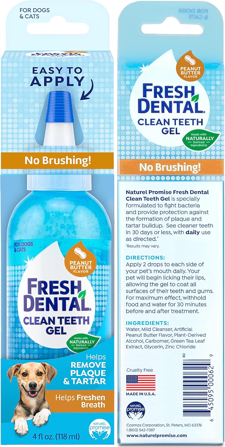 Fresh Dental Dog Toothpaste for Teeth Cleaning, Dog Breath Freshener, Easy Plaque & Tartar Remover Gel, No Toothbrush Needed, Effortless Dental Care, Tasty Peanut Butter Flavored Toothpaste, 4oz.