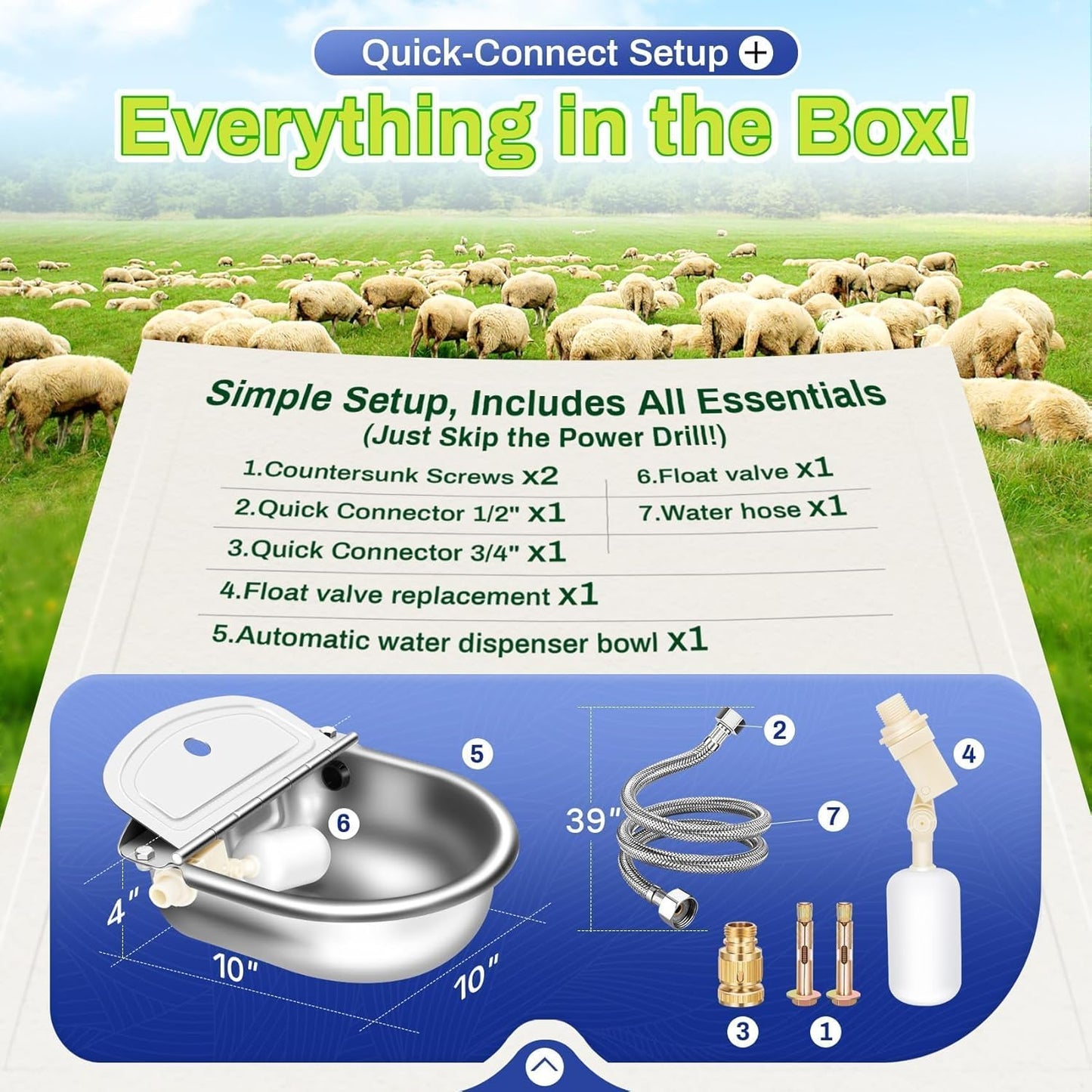 Automatic Animal Drinking Water Bowl with Float Valve, 304 Stainless Steel Kit Includes Bowl, Pipe, 2 Valves, Quick Connector Adapter and Countersunk Bolts. (Auto-Filling)